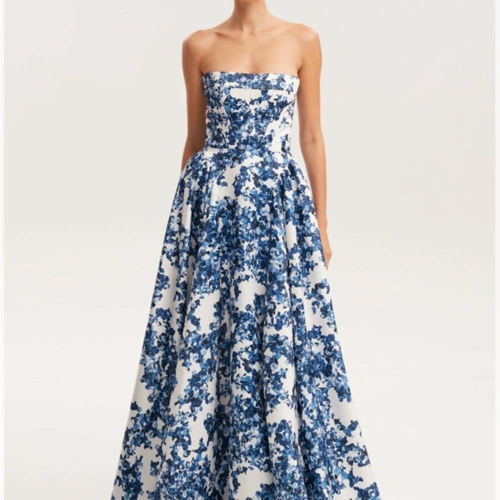 Elisheen Amalia Dress - Blue Floral Strapless Maxi Dress - Medium